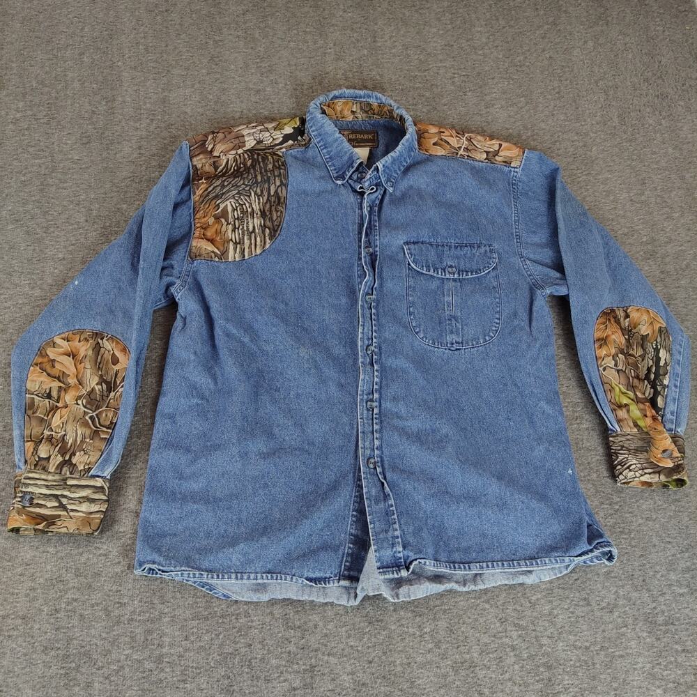 Vintage Lynch Shirt Mens Large Camo Long Sleeve Denim Hunting Tree Bark Oak